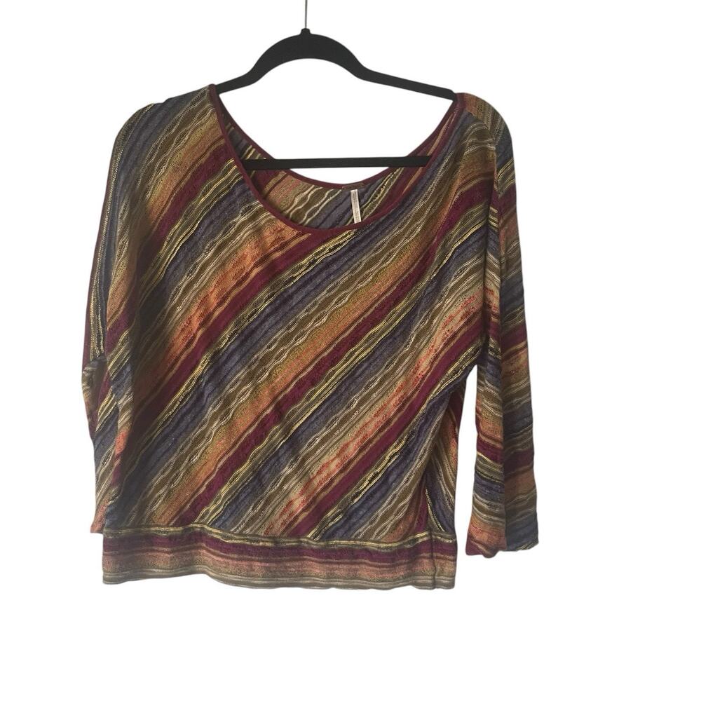Free People Women's Medium Rainbow Striped Open Knit Round Neck Boho Top